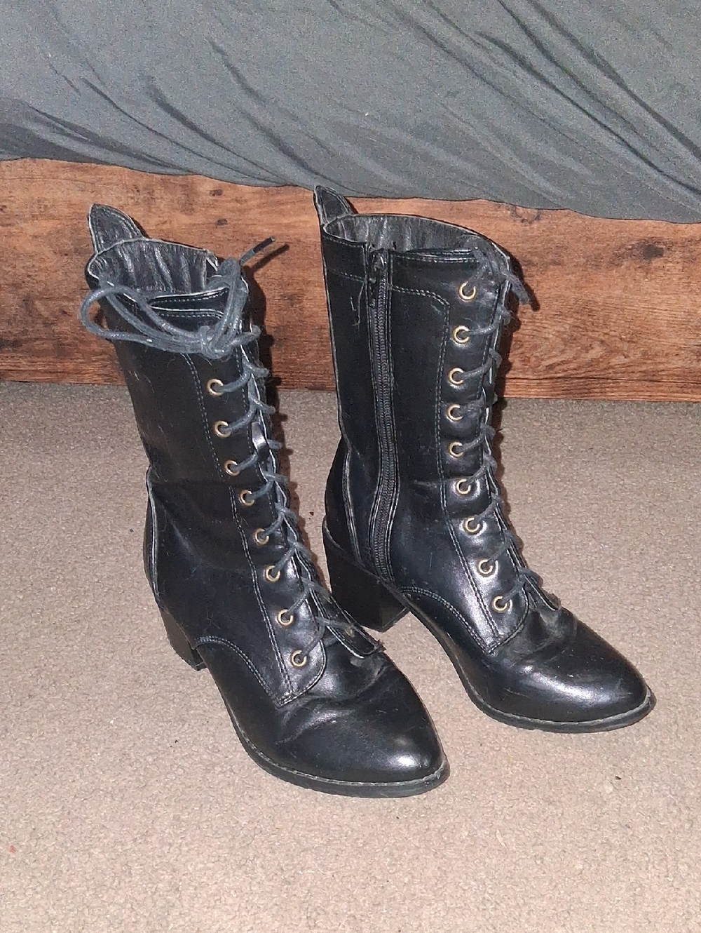 Hot Topic Black Lace-Up Mid-Calf Heel Boots with Gold Eyelets